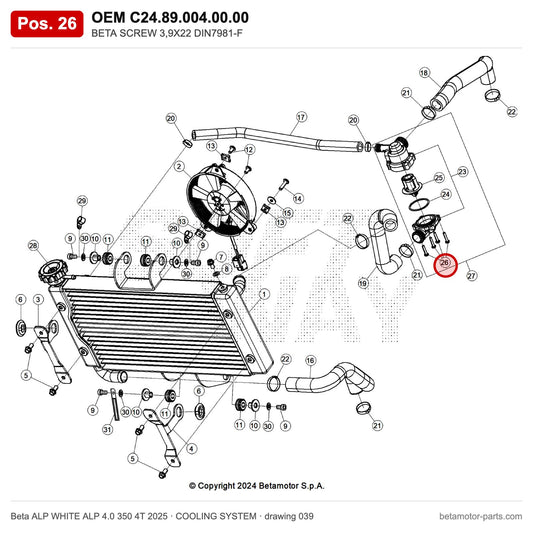 BETA SCREW 3,9X22 DIN7981-F – OEM C24.89.004.00.00, position 26 on the Beta ALP WHITE ALP 4.0 350 4T 2025 cooling system drawing