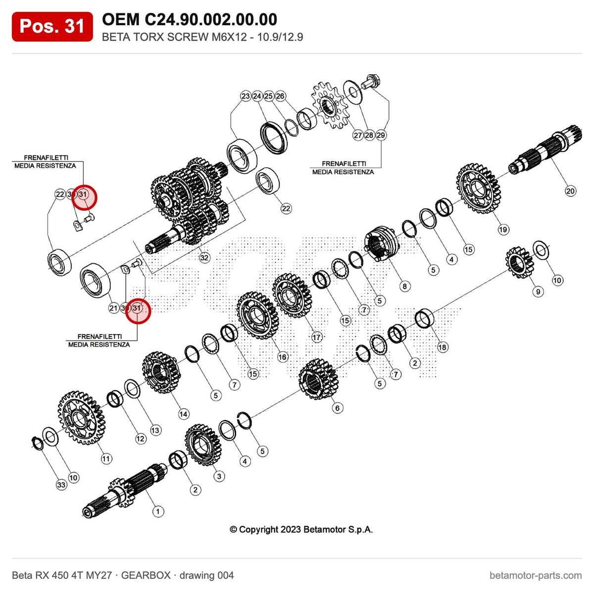 BETA TORX SCREW M6X12 - 10.9/12.9 – OEM C24.90.002.00.00, position 31 on the Beta RX 450 4T MY27 gearbox drawing