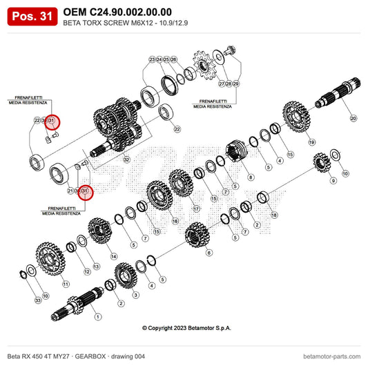 BETA TORX SCREW M6X12 - 10.9/12.9 – OEM C24.90.002.00.00, position 31 on the Beta RX 450 4T MY27 gearbox drawing