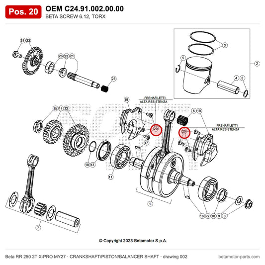 BETA SCREW 6.12, TORX – OEM C24.91.002.00.00, position 20 on the Beta RR 250 2T X-PRO MY27 crankshaft/piston/balancer shaft drawing