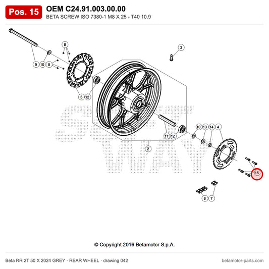 BETA SCREW ISO 7380-1 M8 X 25 - T40 10.9 – OEM C24.91.003.00.00, position 15 on the Beta RR 2T 50 X 2024 GREY rear wheel drawing