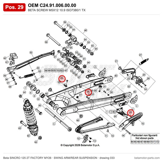 BETA SCREW M5X12 10.9 ISO7380/1 TX – OEM C24.91.006.00.00, position 29 on the Beta SINCRO 125 2T FACTORY MY26 swing arm/rear suspension drawing