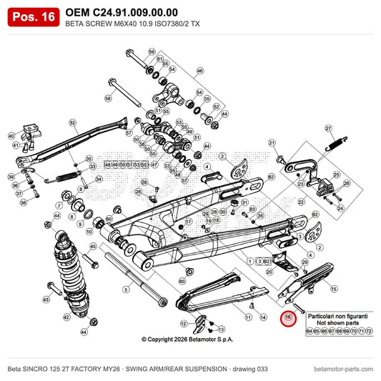 BETA SCREW M6X40 10.9 ISO7380/2 TX – OEM C24.91.009.00.00, position 16 on the Beta SINCRO 125 2T FACTORY MY26 swing arm/rear suspension drawing
