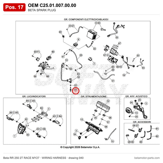 BETA SPARK PLUG – OEM C25.01.007.00.00, position 17 on the Beta RR 250 2T RACE MY27 wiring harness drawing