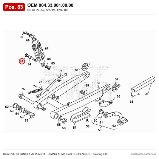BETA PLUG, S/ARM, EVO 80 – OEM 004.33.001.00.00, position 83 on the Beta EVO 80 JUNIOR MY11-MY14 swing arm/rear suspension drawing