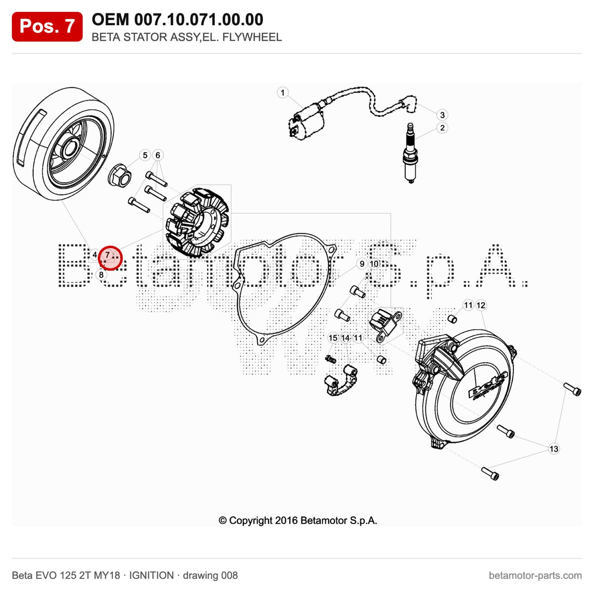 BETA STATOR ASSY,EL. FLYWHEEL – OEM 007.10.071.00.00, position 7 on the Beta EVO 125 2T MY18 ignition drawing