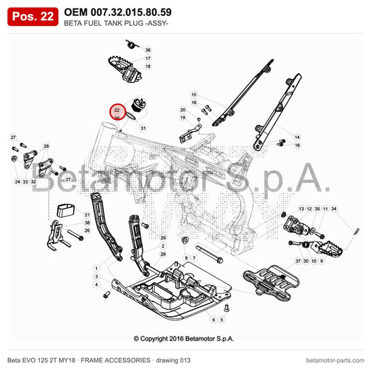 BETA FUEL TANK PLUG -ASSY- – OEM 007.32.015.80.59, position 22 on the Beta EVO 125 2T MY18 frame accessories drawing