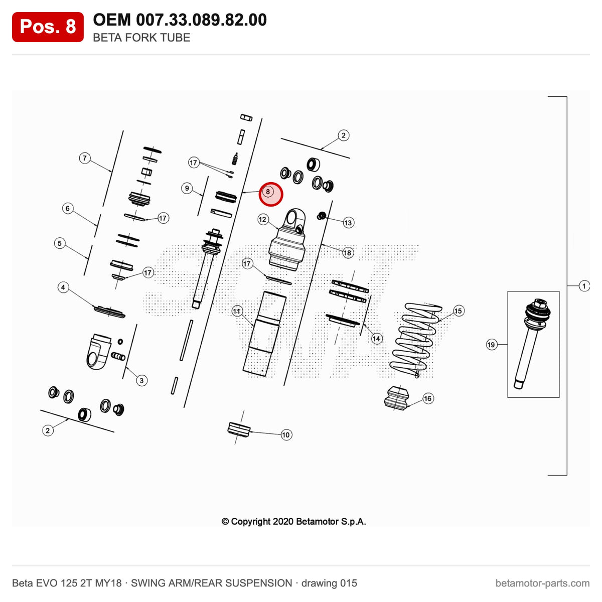 BETA FORK TUBE – OEM 007.33.089.82.00, position 8 on the Beta EVO 125 2T MY18 swing arm/rear suspension drawing
