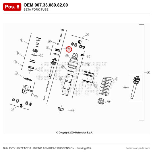 BETA FORK TUBE – OEM 007.33.089.82.00, position 8 on the Beta EVO 125 2T MY18 swing arm/rear suspension drawing