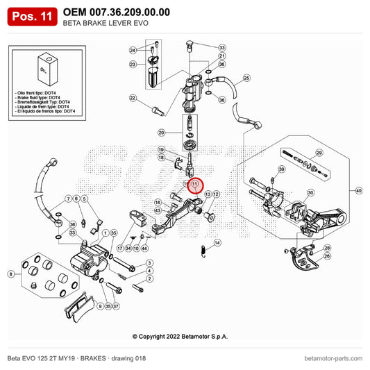 BETA BRAKE LEVER EVO – OEM 007.36.209.00.00, position 11 on the Beta EVO 125 2T MY19 brakes drawing