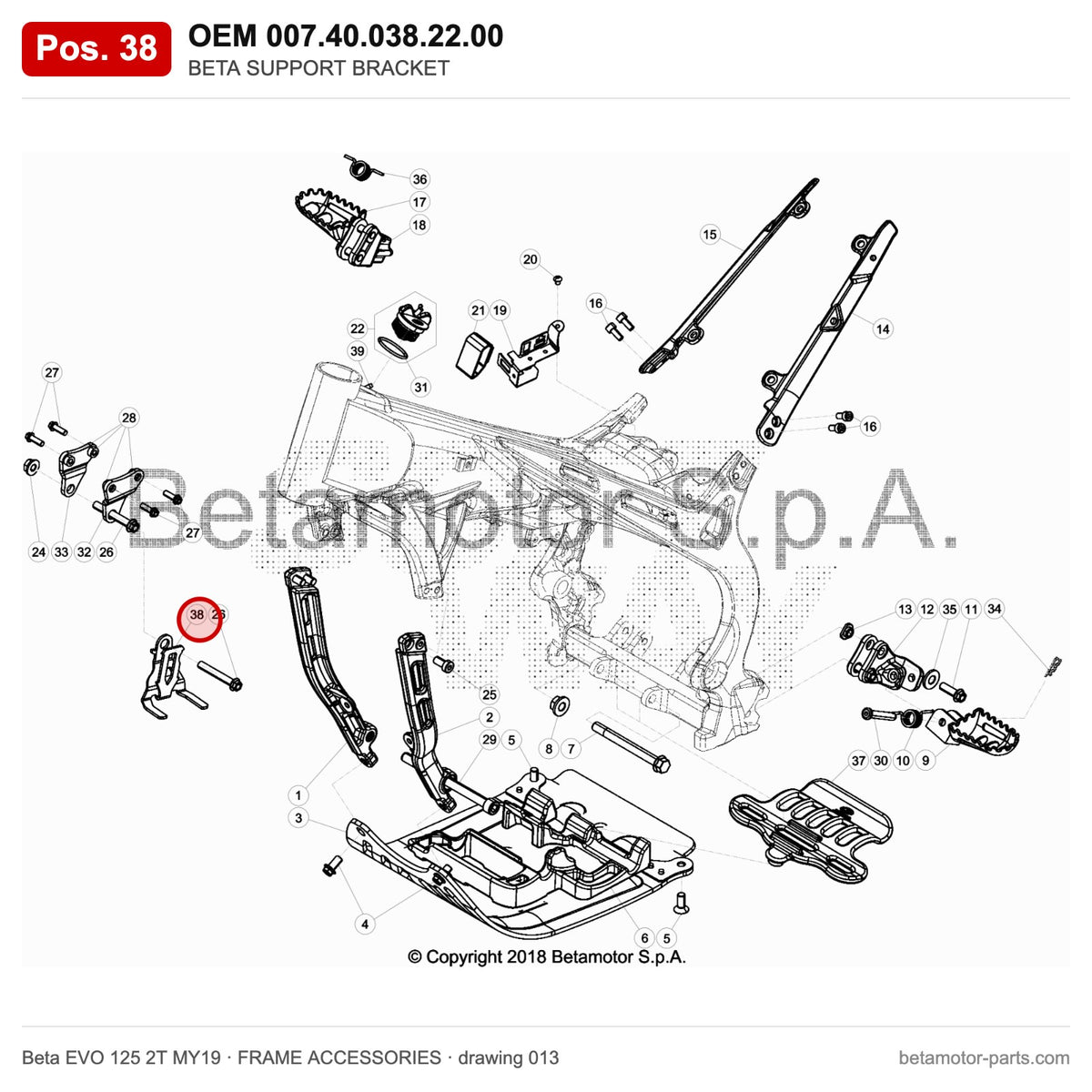 BETA SUPPORT BRACKET – OEM 007.40.038.22.00, position 38 on the Beta EVO 125 2T MY19 frame accessories drawing