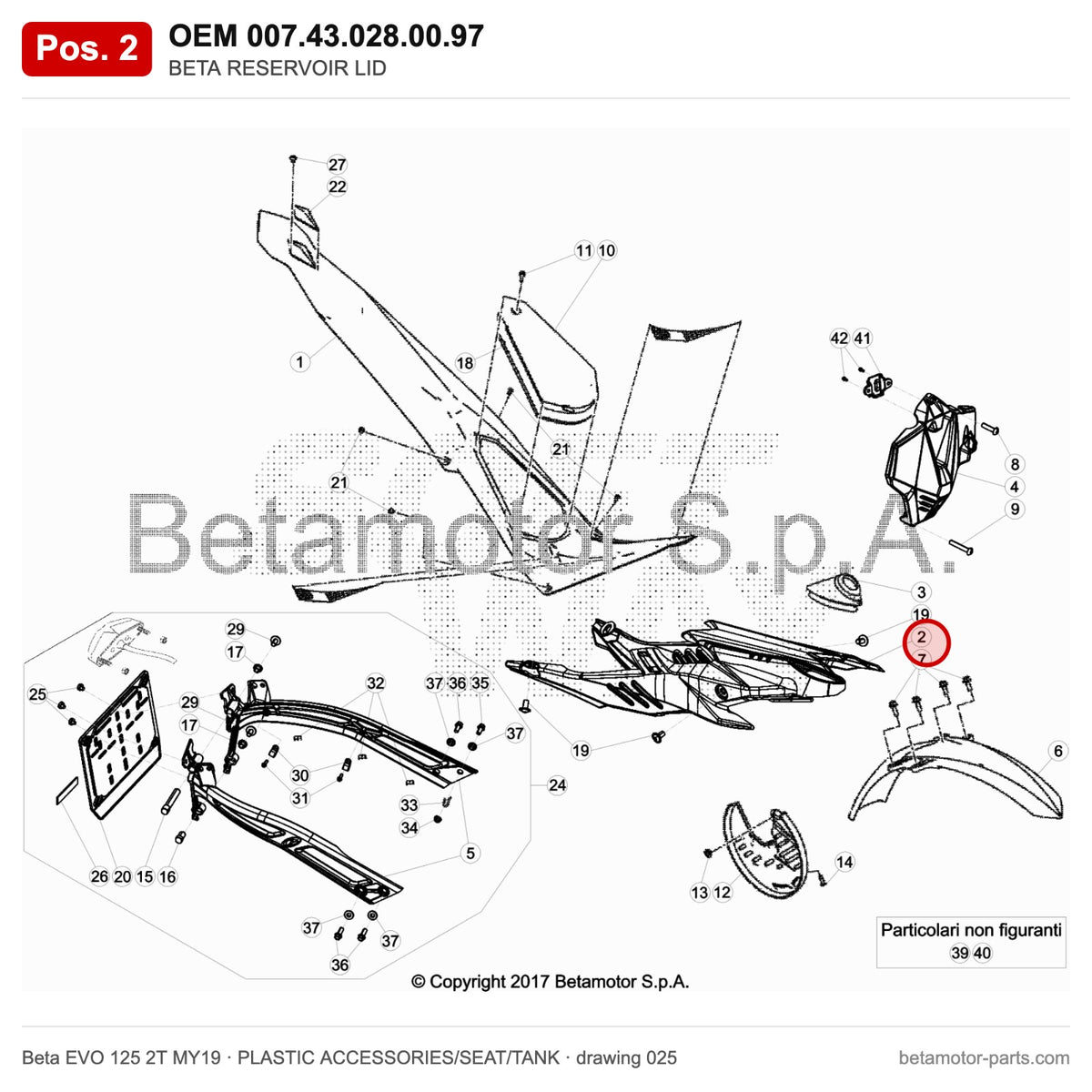 BETA RESERVOIR LID – OEM 007.43.028.00.97, position 2 on the Beta EVO 125 2T MY19 plastic accessories/seat/tank drawing