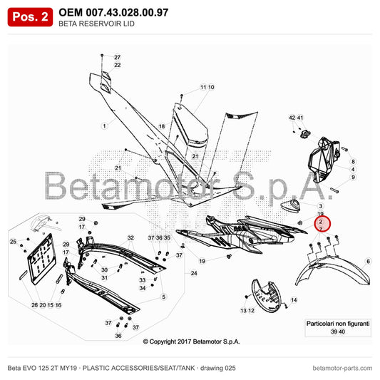 BETA RESERVOIR LID – OEM 007.43.028.00.97, position 2 on the Beta EVO 125 2T MY19 plastic accessories/seat/tank drawing
