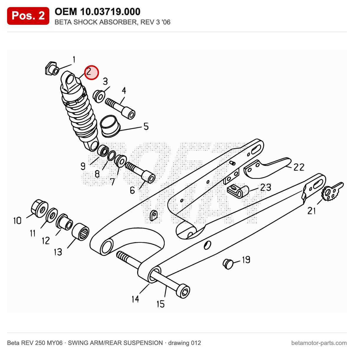 BETA SHOCK ABSORBER, REV 3 '06 – OEM 10.03719.000, position 2 on the Beta REV 250 MY06 swing arm/rear suspension drawing
