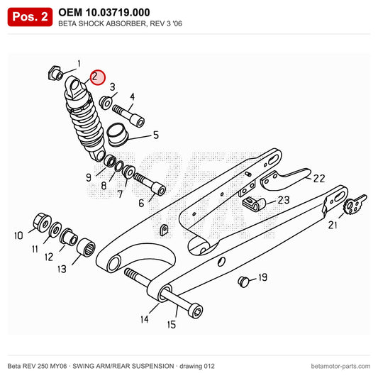 BETA SHOCK ABSORBER, REV 3 '06 – OEM 10.03719.000, position 2 on the Beta REV 250 MY06 swing arm/rear suspension drawing