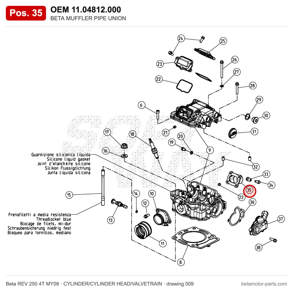 BETA MUFFLER PIPE UNION – OEM 11.04812.000, position 35 on the Beta REV 250 4T MY08 cylinder/cylinder head/valvetrain drawing