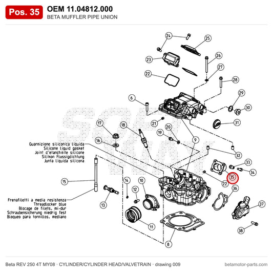 BETA MUFFLER PIPE UNION – OEM 11.04812.000, position 35 on the Beta REV 250 4T MY08 cylinder/cylinder head/valvetrain drawing