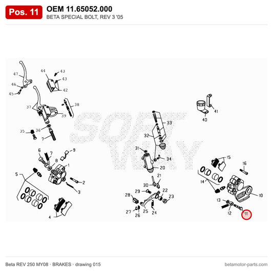 BETA SPECIAL BOLT, REV 3 '05 – OEM 11.65052.000, position 11 on the Beta REV 250 MY08 brakes drawing