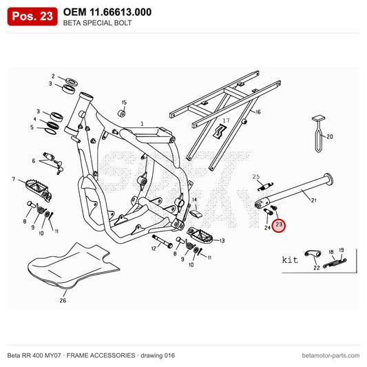 BETA SPECIAL BOLT – OEM 11.66613.000, position 23 on the Beta RR 400 MY07 frame accessories drawing