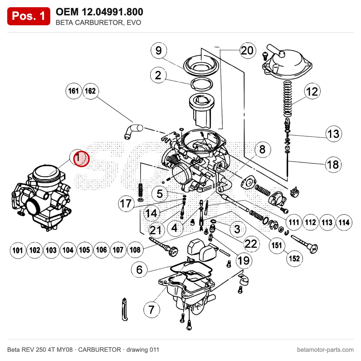 BETA CARBURETOR, EVO – OEM 12.04991.800, position 1 on the Beta REV 250 4T MY08 carburetor drawing