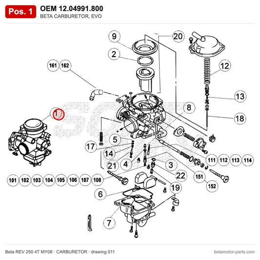 BETA CARBURETOR, EVO – OEM 12.04991.800, position 1 on the Beta REV 250 4T MY08 carburetor drawing