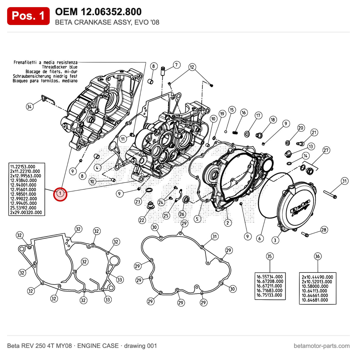 BETA CRANKASE ASSY, EVO '08 – OEM 12.06352.800, position 1 on the Beta REV 250 4T MY08 engine case drawing