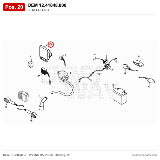 BETA CDI UNIT – OEM 12.41848.800, position 20 on the Beta RR 450 MY07 wiring harness drawing