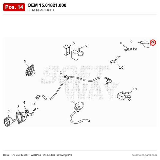 BETA REAR LIGHT – OEM 15.01821.000, position 14 on the Beta REV 250 MY05 wiring harness drawing