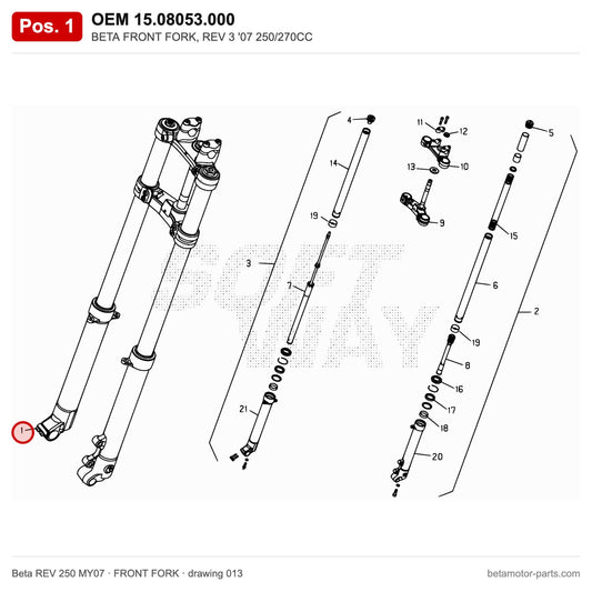 BETA FRONT FORK, REV 3 '07 250/270CC – OEM 15.08053.000, position 1 on the Beta REV 250 MY07 front fork drawing