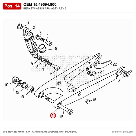BETA SWINGING ARM ASSY REV 3 – OEM 15.49594.800, position 14 on the Beta REV 250 MY04 swing arm/rear suspension drawing