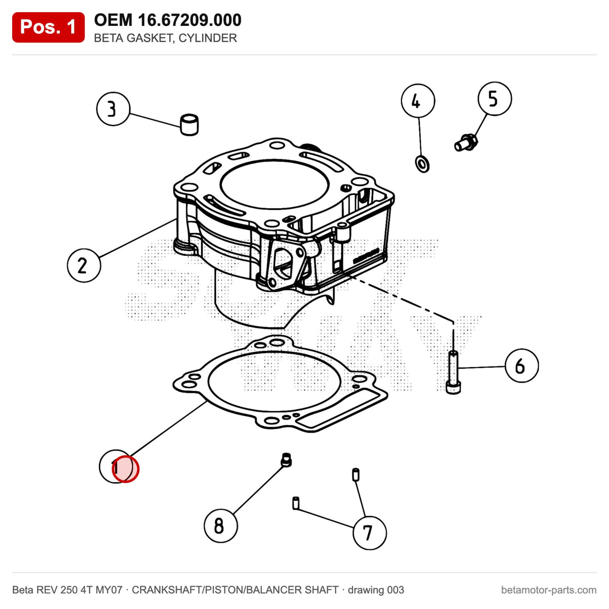 BETA GASKET, CYLINDER – OEM 16.67209.000, position 1 on the Beta REV 250 4T MY07 crankshaft/piston/balancer shaft drawing