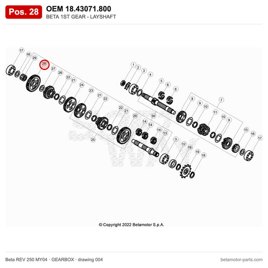 BETA 1ST GEAR - LAYSHAFT – OEM 18.43071.800, position 28 on the Beta REV 250 MY04 gearbox drawing