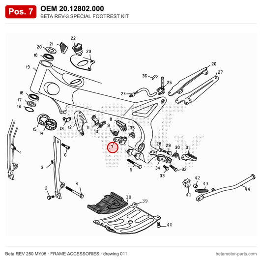 BETA REV-3 SPECIAL FOOTREST KIT – OEM 20.12802.000, position 7 on the Beta REV 250 MY05 frame accessories drawing
