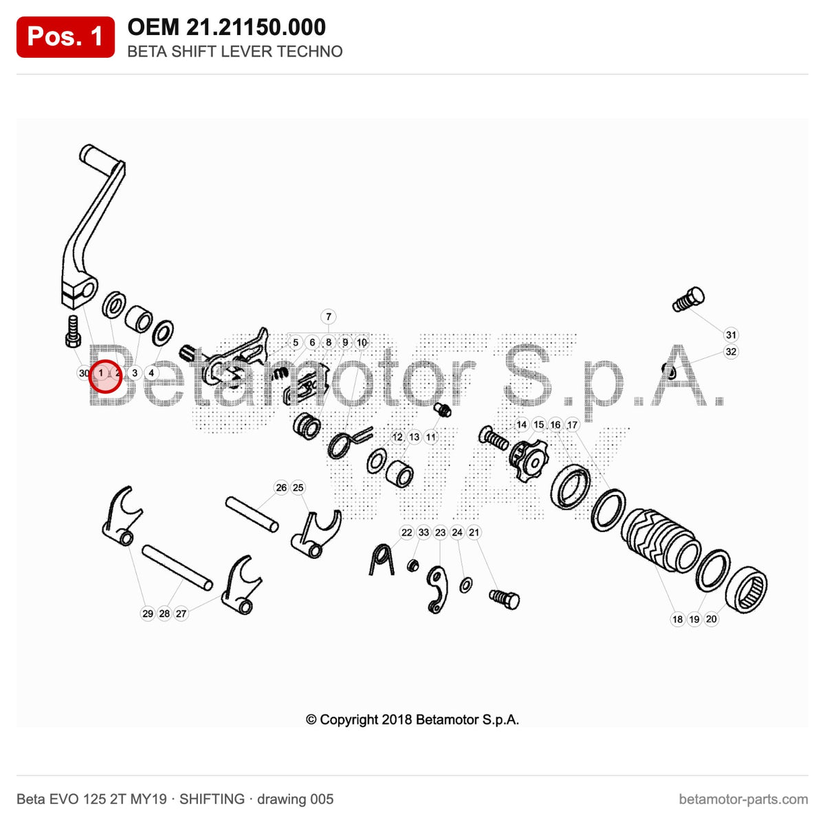 BETA SHIFT LEVER TECHNO – OEM 21.21150.000, position 1 on the Beta EVO 125 2T MY19 shifting drawing