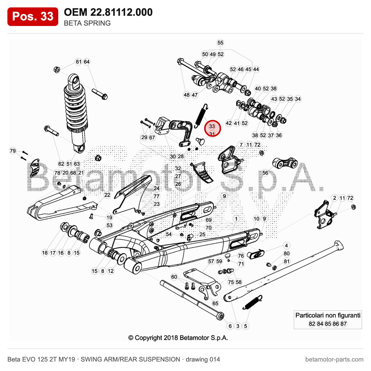 BETA SPRING – OEM 22.81112.000, position 33 on the Beta EVO 125 2T MY19 swing arm/rear suspension drawing