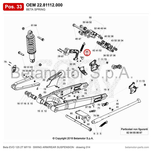 BETA SPRING – OEM 22.81112.000, position 33 on the Beta EVO 125 2T MY19 swing arm/rear suspension drawing