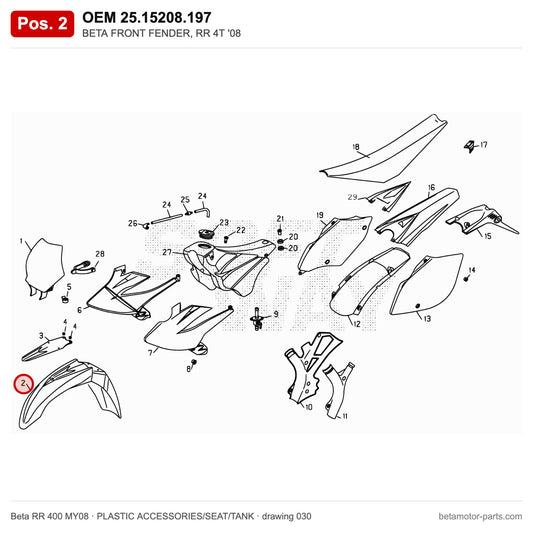 BETA FRONT FENDER, RR 4T '08 – OEM 25.15208.197, position 2 on the Beta RR 400 MY08 plastic accessories/seat/tank drawing
