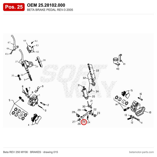 BETA BRAKE PEDAL REV-3 2005 – OEM 25.28102.000, position 25 on the Beta REV 250 MY06 brakes drawing