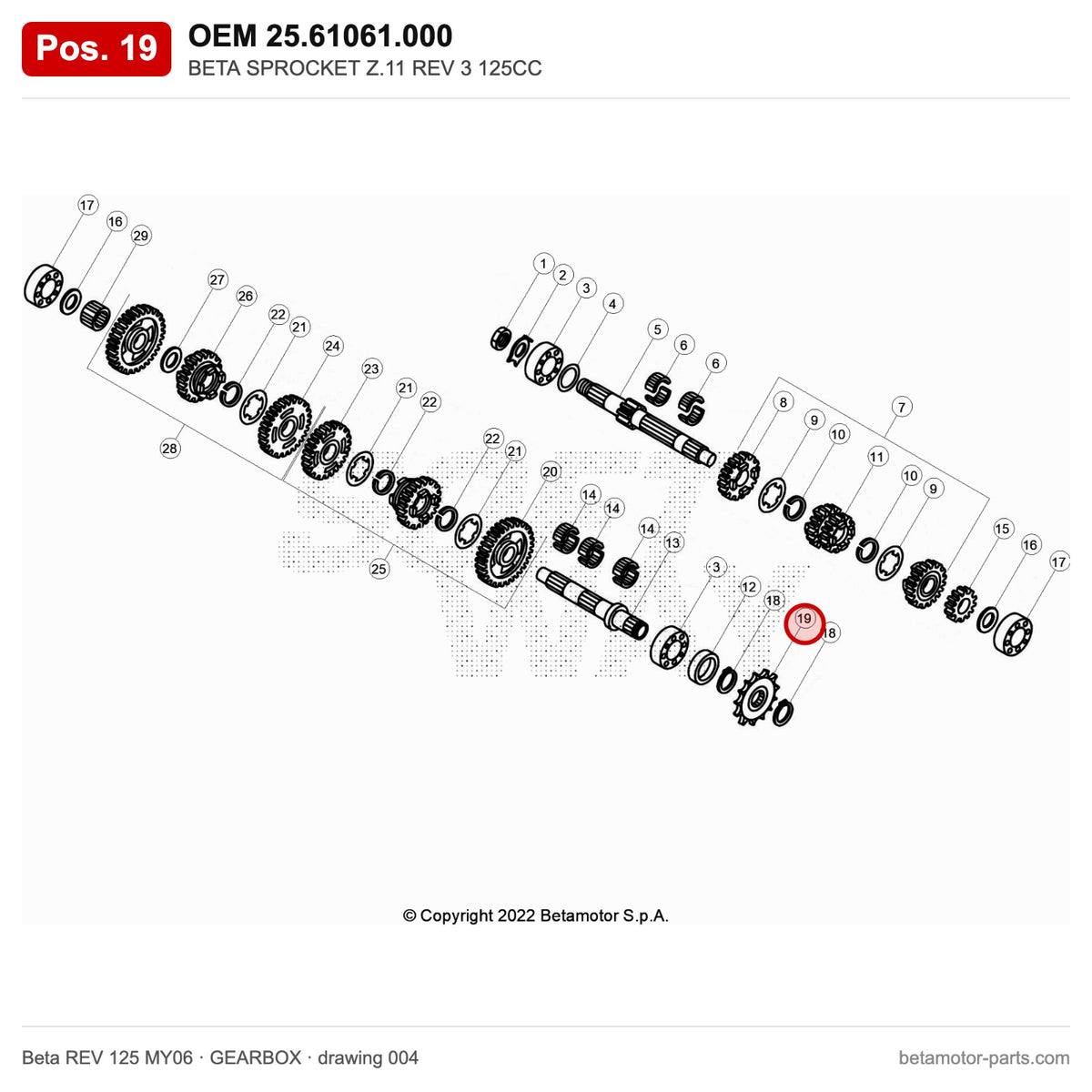 BETA SPROCKET Z.11 REV 3 125CC – OEM 25.61061.000, position 19 on the Beta REV 125 MY06 gearbox drawing