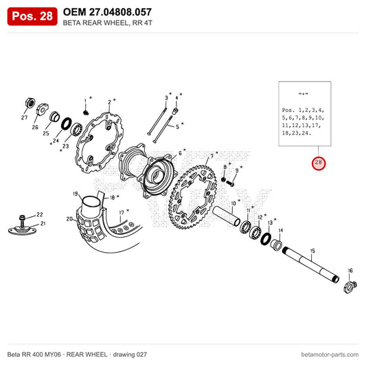BETA REAR WHEEL, RR 4T – OEM 27.04808.057, position 28 on the Beta RR 400 MY06 rear wheel drawing