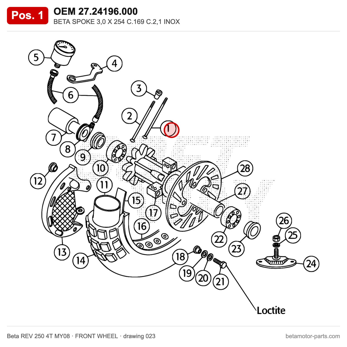 BETA SPOKE 3,0 X 254 C.169 C.2,1 INOX – OEM 27.24196.000, position 1 on the Beta REV 250 4T MY08 front wheel drawing