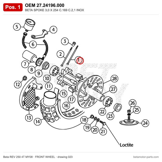 BETA SPOKE 3,0 X 254 C.169 C.2,1 INOX – OEM 27.24196.000, position 1 on the Beta REV 250 4T MY08 front wheel drawing