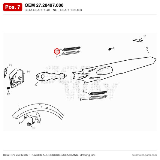 BETA REAR RIGHT NET, REAR FENDER – OEM 27.28497.000, position 7 on the Beta REV 250 MY07 plastic accessories/seat/tank drawing