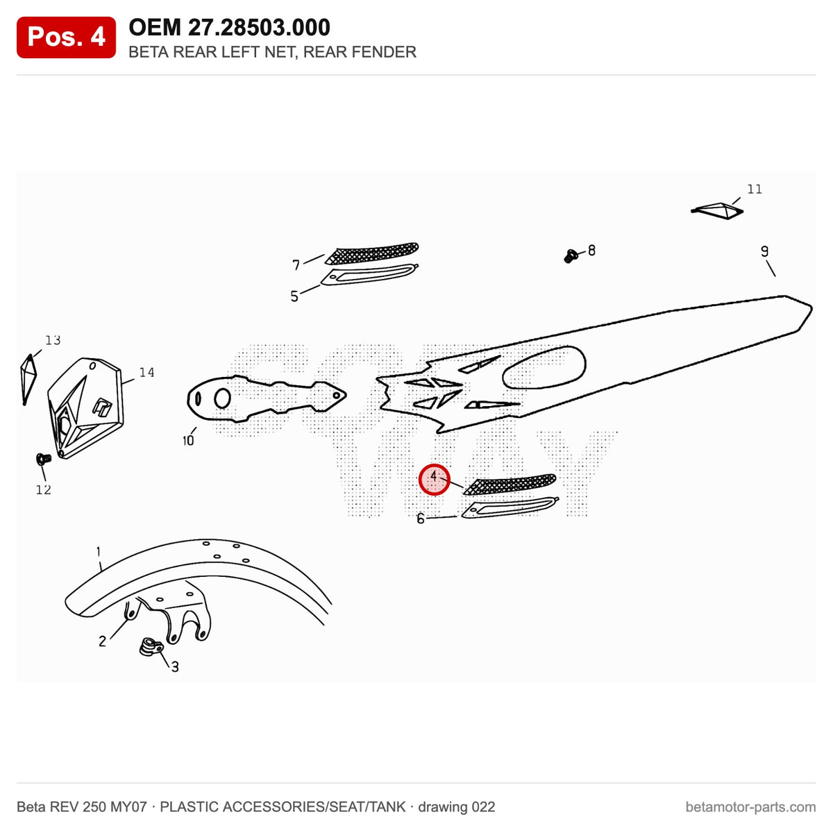BETA REAR LEFT NET, REAR FENDER – OEM 27.28503.000, position 4 on the Beta REV 250 MY07 plastic accessories/seat/tank drawing
