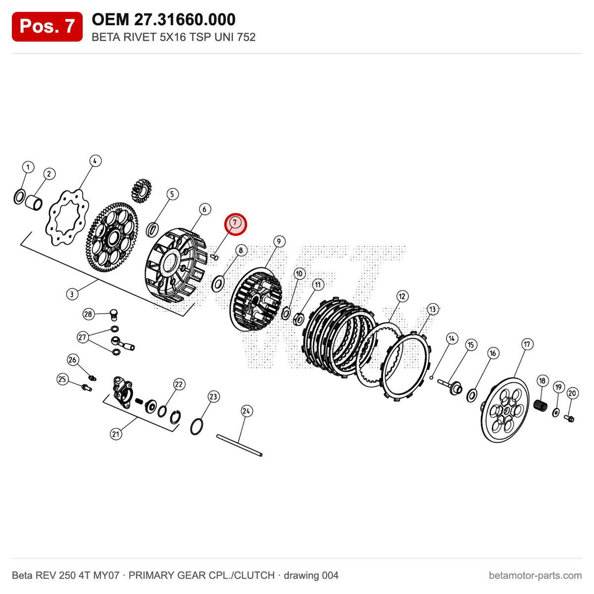BETA RIVET 5X16 TSP UNI 752 – OEM 27.31660.000, position 7 on the Beta REV 250 4T MY07 primary gear cpl./clutch drawing