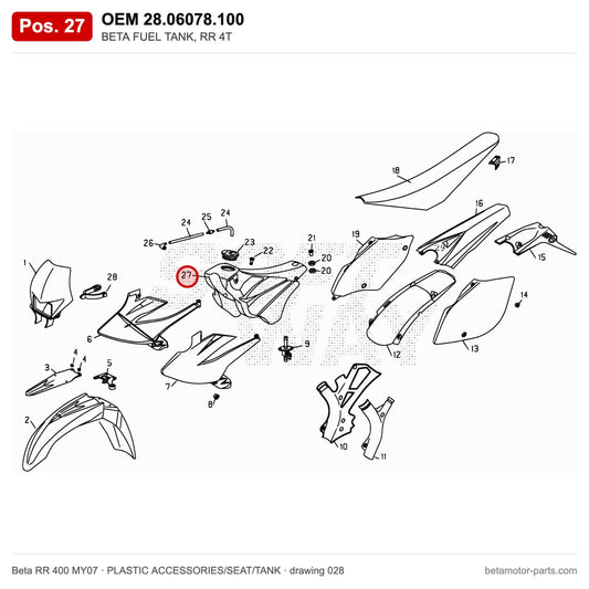 BETA FUEL TANK, RR 4T – OEM 28.06078.100, position 27 on the Beta RR 400 MY07 plastic accessories/seat/tank drawing