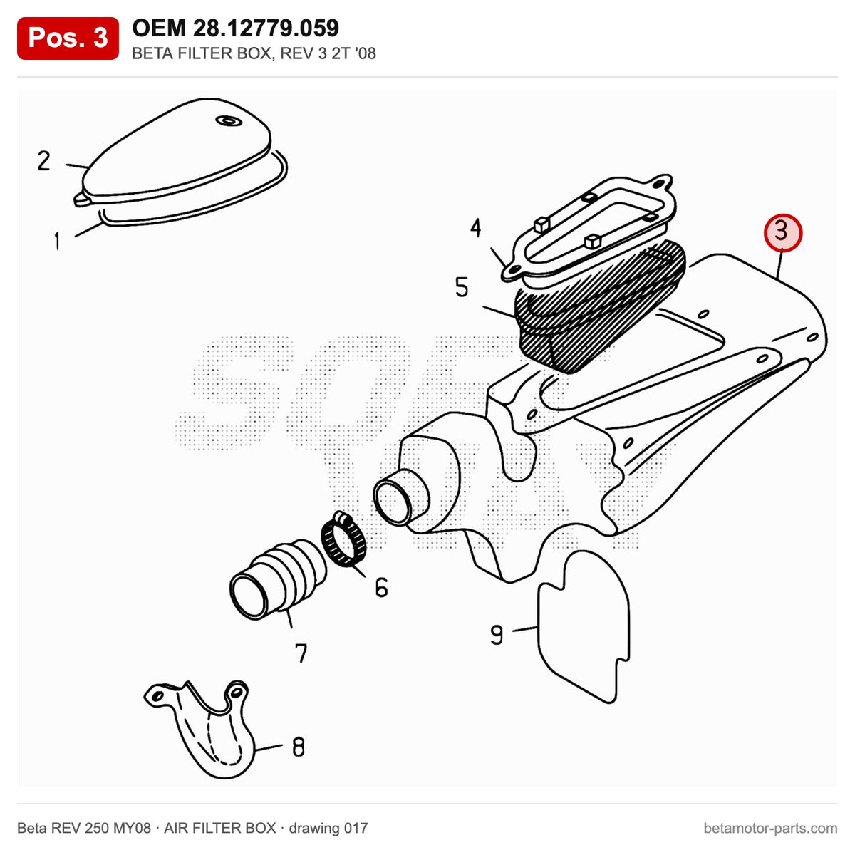 BETA FILTER BOX, REV 3 2T '08 – OEM 28.12779.059, position 3 on the Beta REV 250 MY08 air filter box drawing