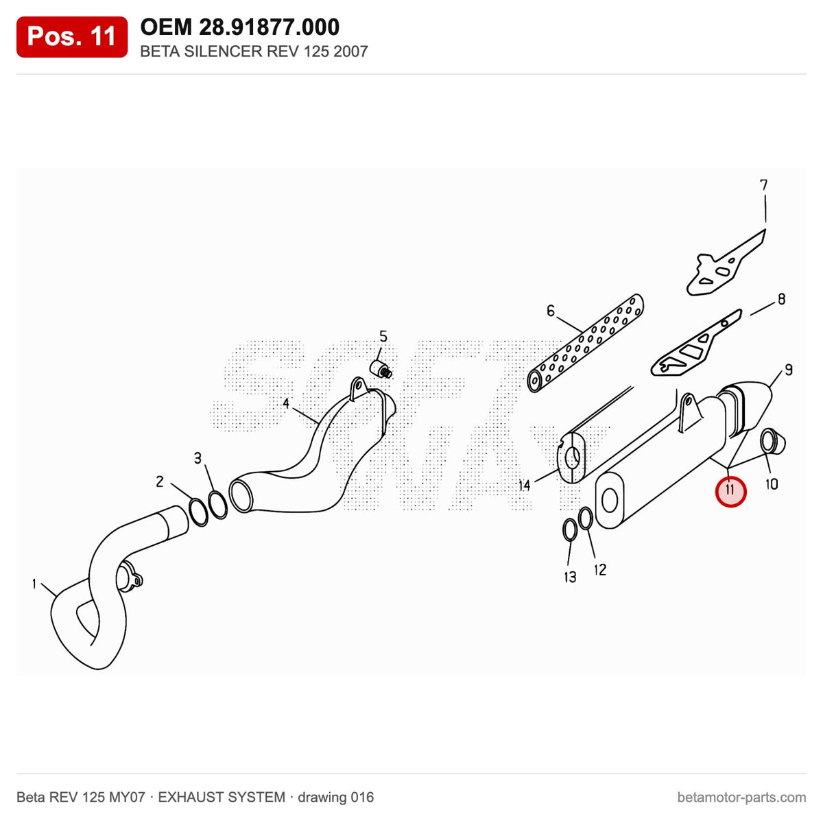 BETA SILENCER REV 125 2007 – OEM 28.91877.000, position 11 on the Beta REV 125 MY07 exhaust system drawing