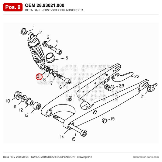 BETA BALL JOINT-SCHOCK ABSORBER – OEM 28.93021.000, position 9 on the Beta REV 250 MY04 swing arm/rear suspension drawing