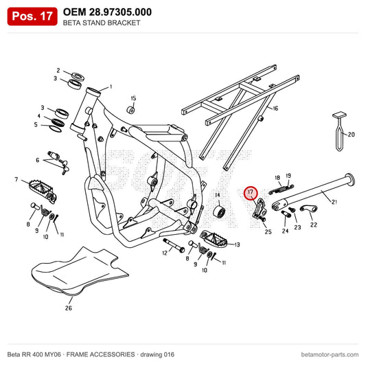BETA STAND BRACKET – OEM 28.97305.000, position 17 on the Beta RR 400 MY06 frame accessories drawing